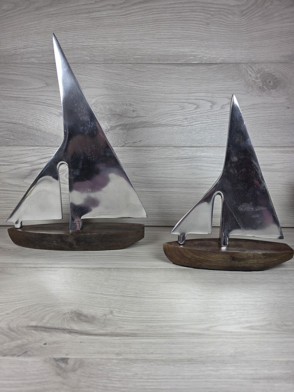 Pair of Modern Minimalist Sailboat Sculptures – Metal and Wood Nautical SU11